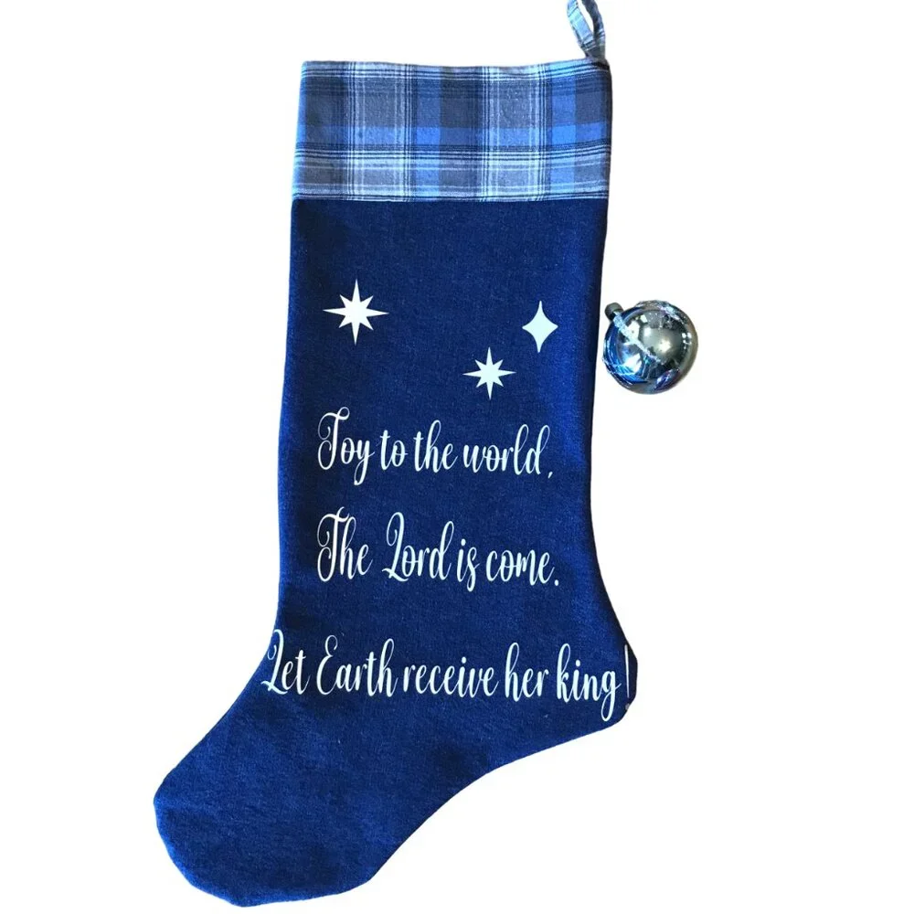 Denim Christmas Stocking, Old Fashioned Holiday Home Decor Joy to the World